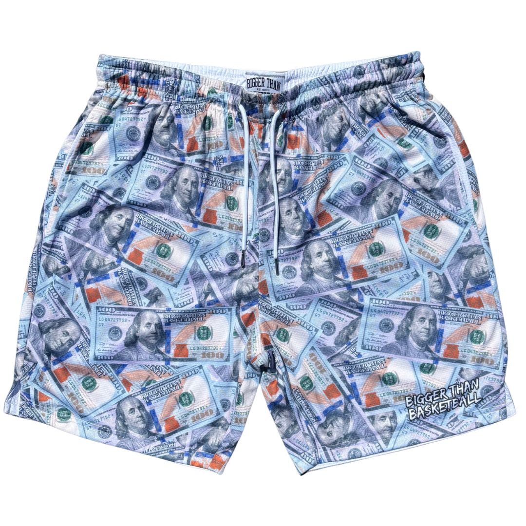 Collection of Shorts with dollar bill pattern on a white background in a gallery layout