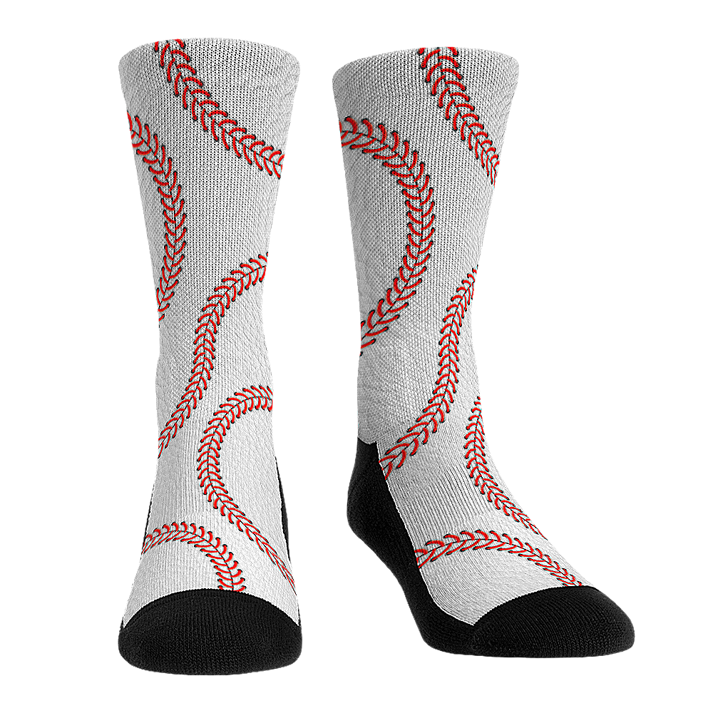 Collection of Gray socks with red stitching pattern on a white background. baseball laces socks in a gallery layout