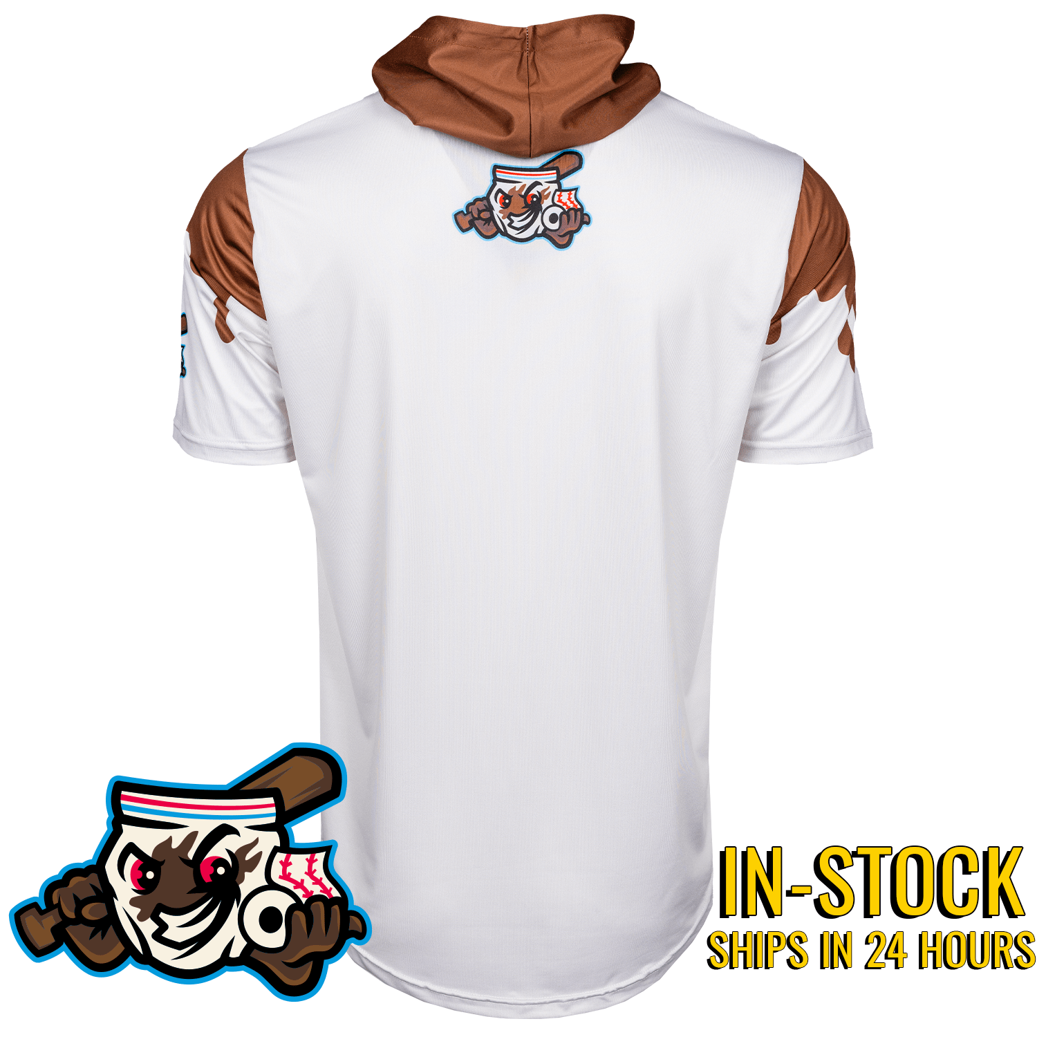 White and brown sports jersey with a meanstreaks logo on the back, on a white background. Baseball short sleeve hoodie