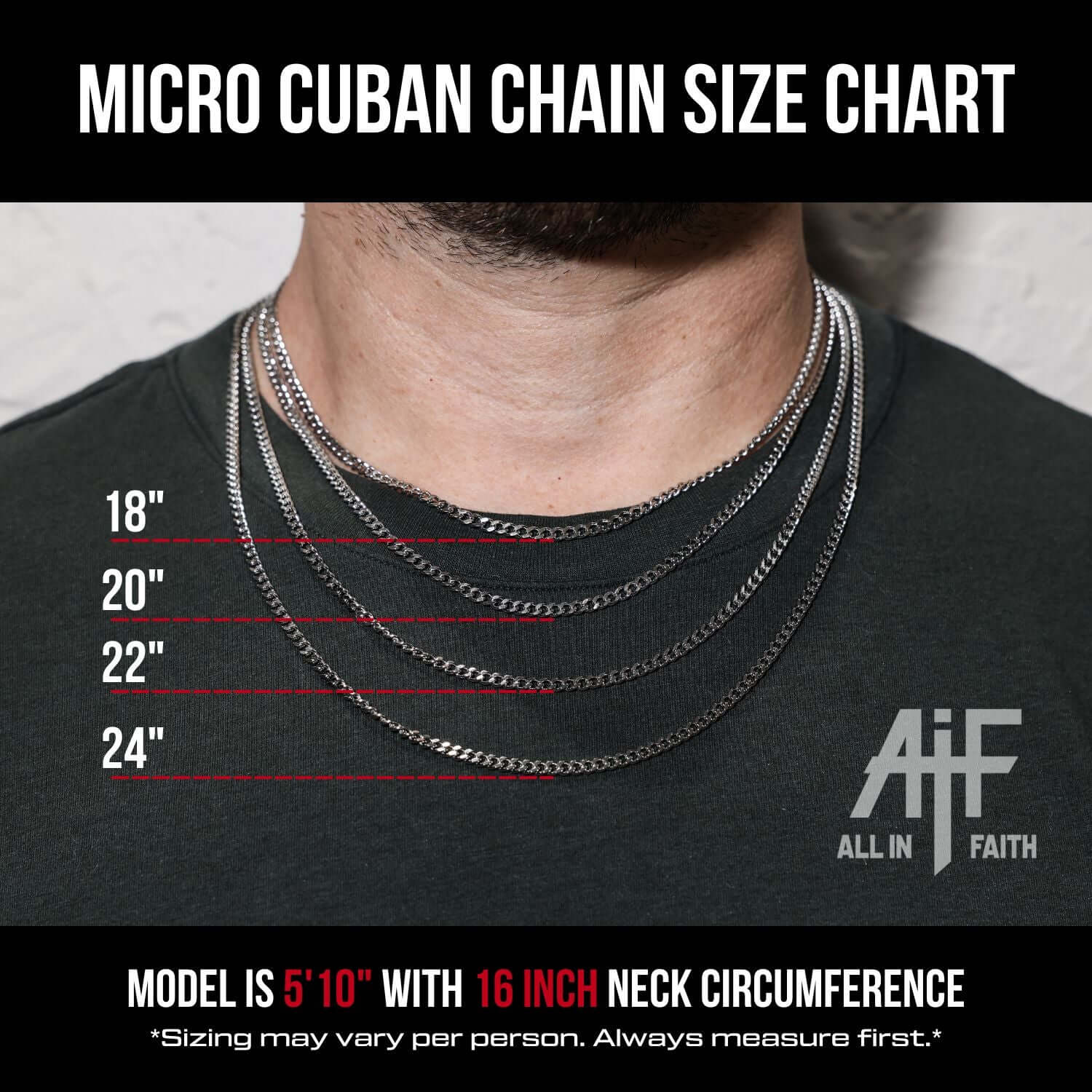 Micro Cuban chain size chart with model wearing the chains, showing different lengths.