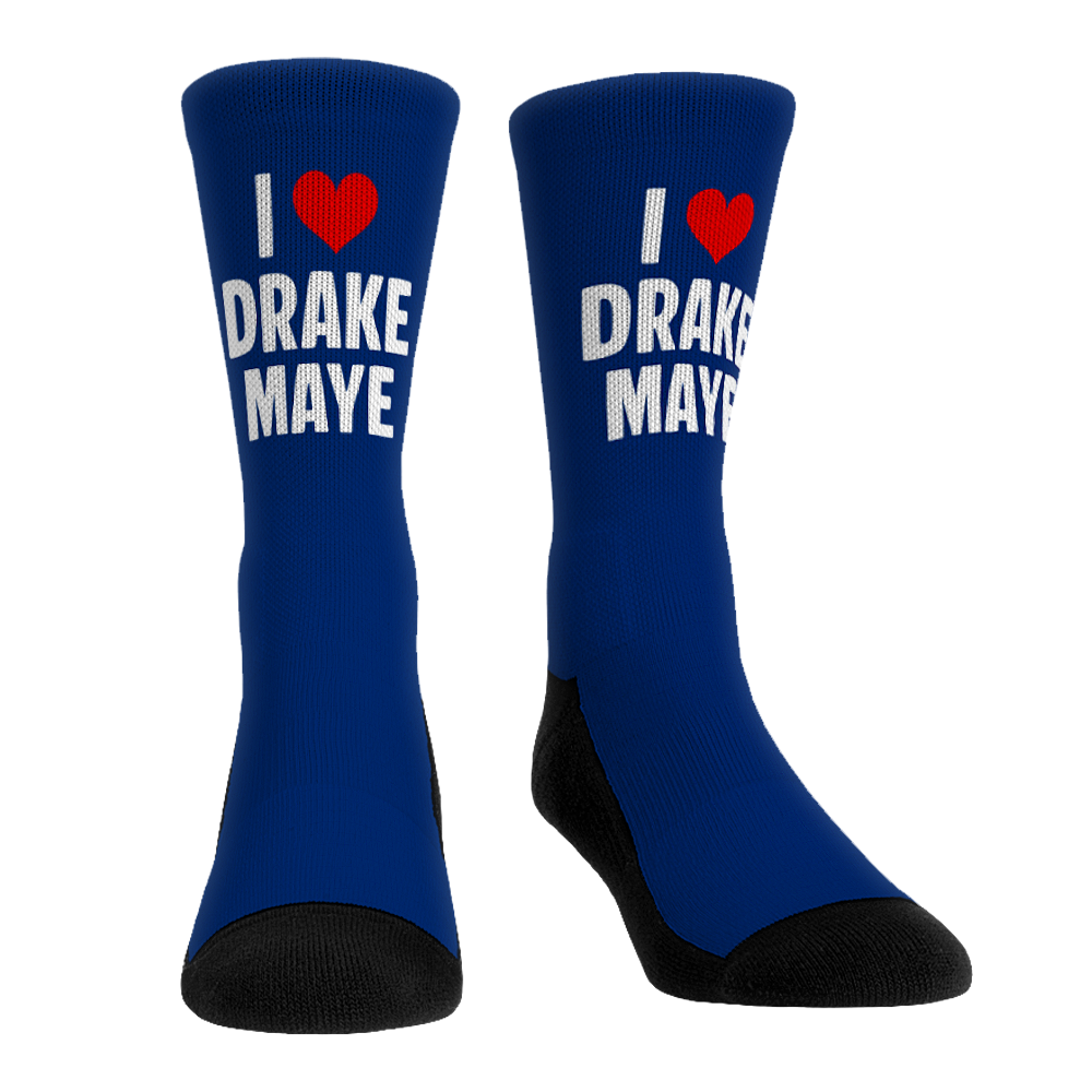 Collection of Blue socks with 'I ❤️ Drake Maye' text on a white background in a gallery layout