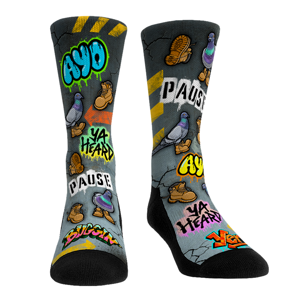 Collection of Pair of socks with colorful graphics and text on a white background. Graffiti style basketball socks in a gallery layout