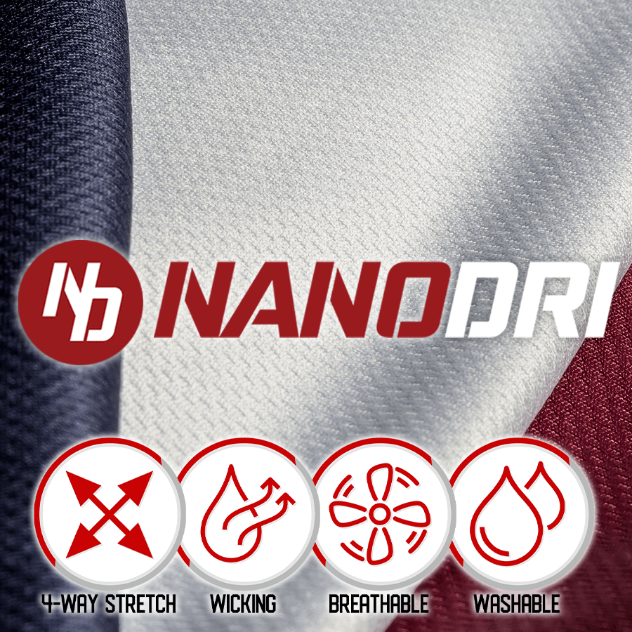 Collection of NanoDri brand logo with features on a textured fabric background in a gallery layout