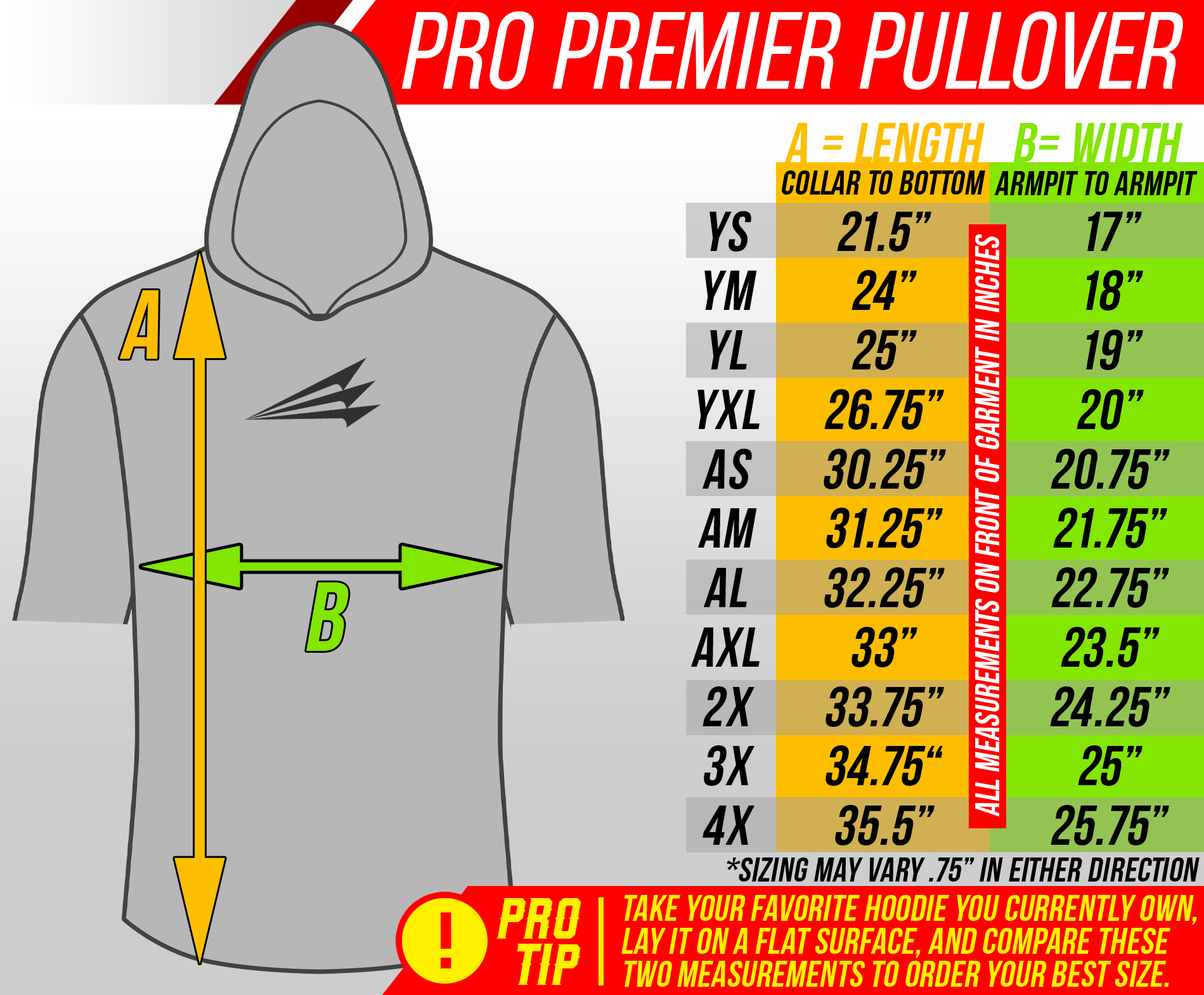 Gray hoodie with measurement chart for sizing on a white background