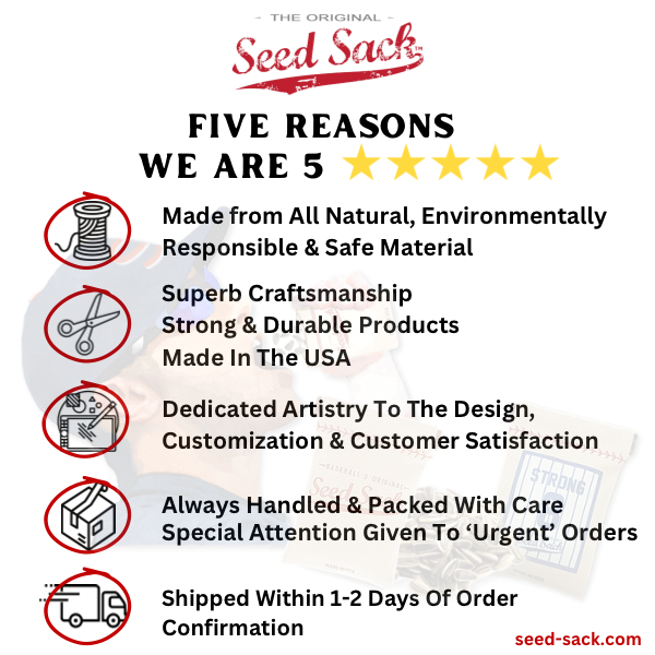 Promotional graphic for 'Seed Sack' with five reasons they are 5-star rated, featuring icons and text on a white background.