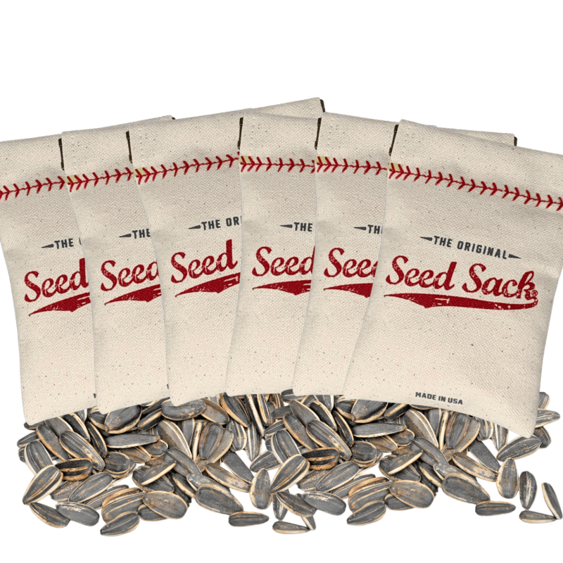 Set of 'The Original Seed Seed Sack' bags with sunflower seeds on a white background
