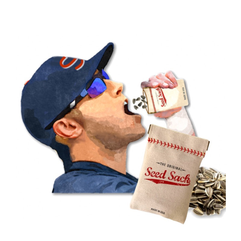 Collection of Man wearing a baseball cap and sunglasses, blowing into a 'Seed Sack' with sunflower seeds. in a gallery layout