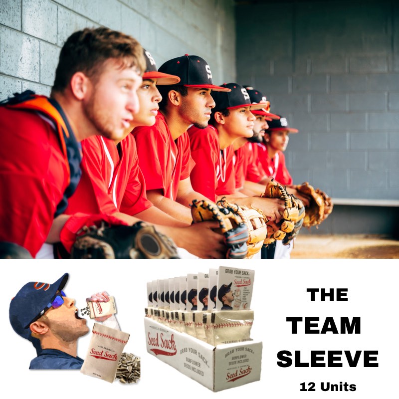 Seed Sack Baseball players in red uniforms sitting in a dugout with a display of 'The Team Sleeve' product - Baseball Mode
