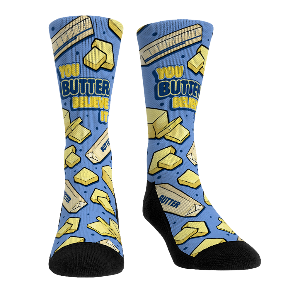 Collection of Socks with butter pattern and text on a white background in a gallery layout