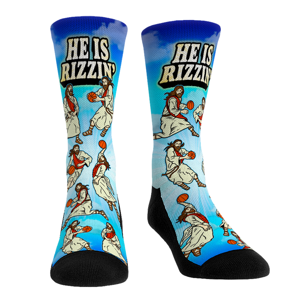 Collection of He has rizzin religious themed basketball funny socks in a gallery layout