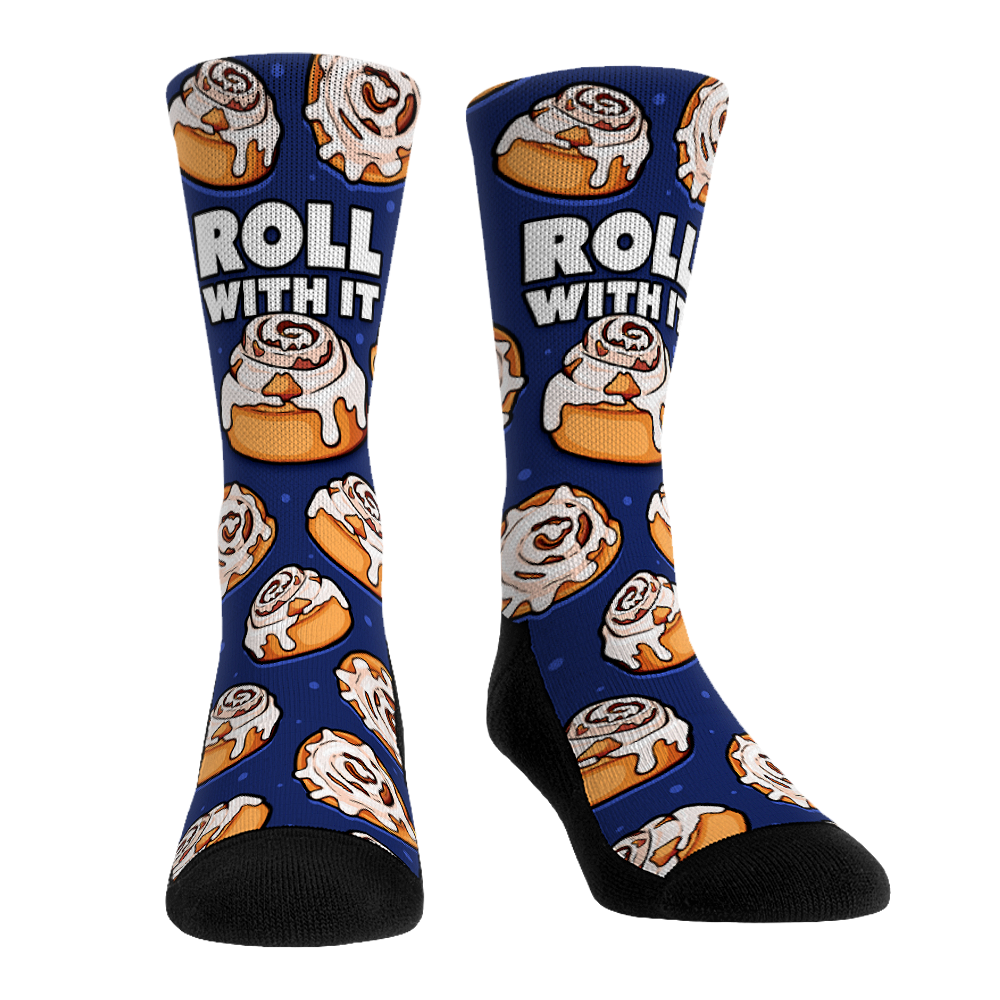 Collection of Blue socks with cinnamon roll pattern and 'Roll with It' text on a white background in a gallery layout