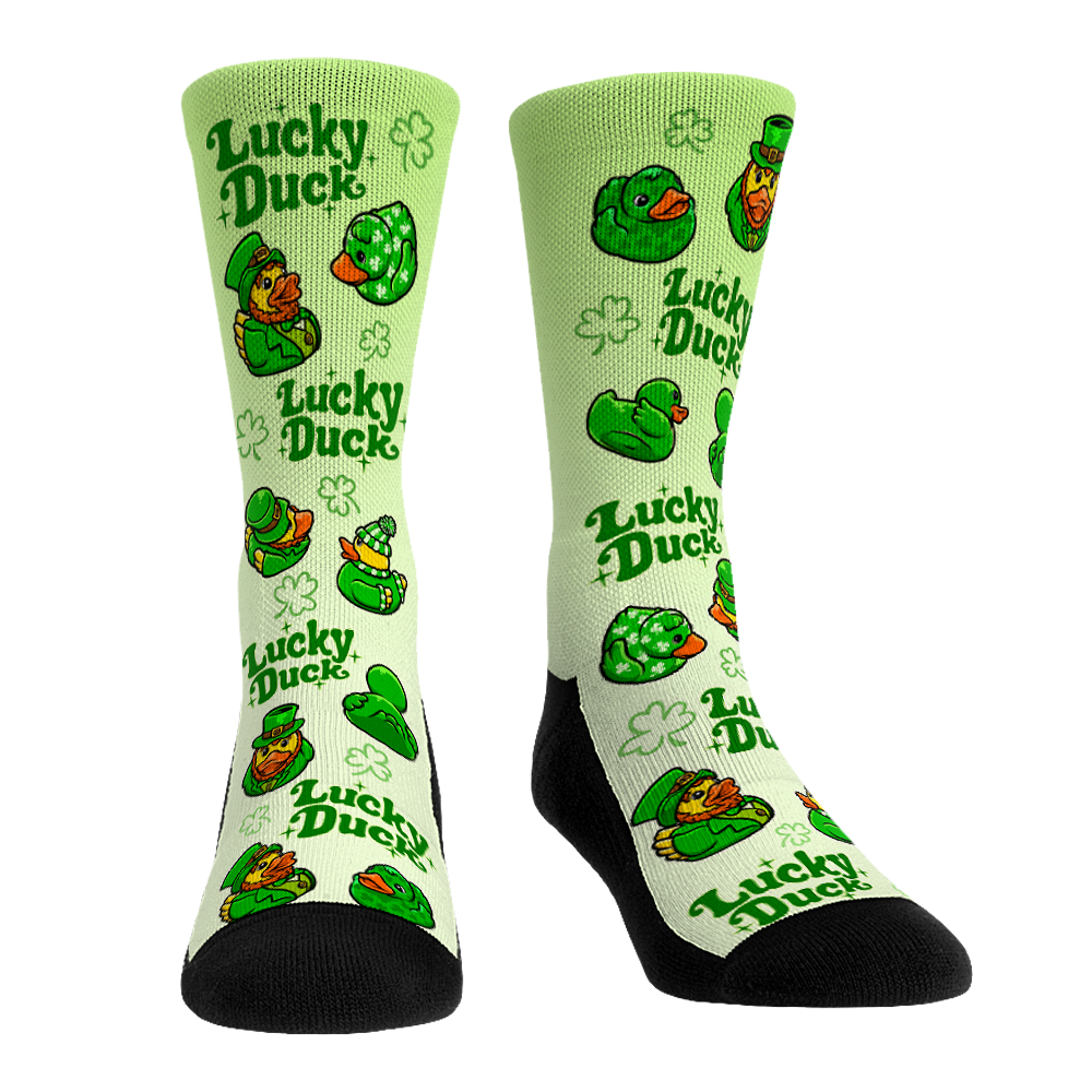 Collection of Green socks with 'Lucky Duck' and clover patterns on a white background in a gallery layout