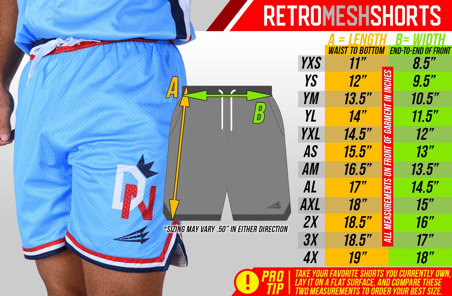 Blue shorts with a brand logo and size chart on a white background