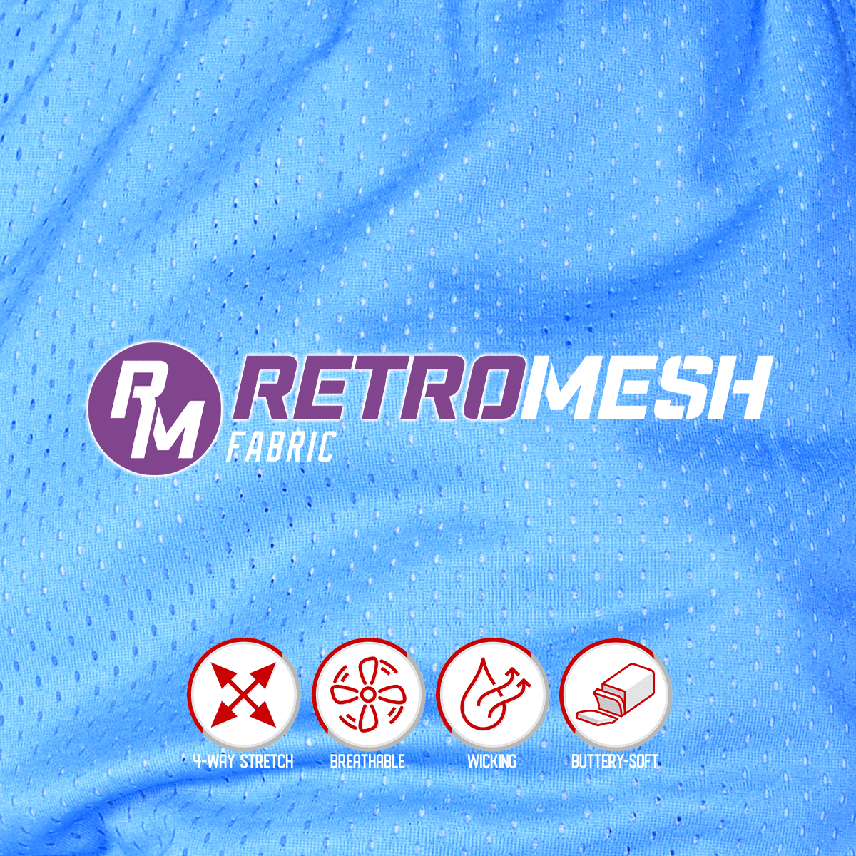 Blue retro mesh fabric with 'Retro Mesh Fabric' logo and features on a blue background