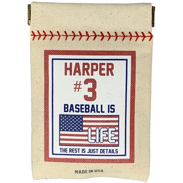 Collection of Canvas pouch with baseball-themed design featuring text and an American flag on a white background. in a gallery layout