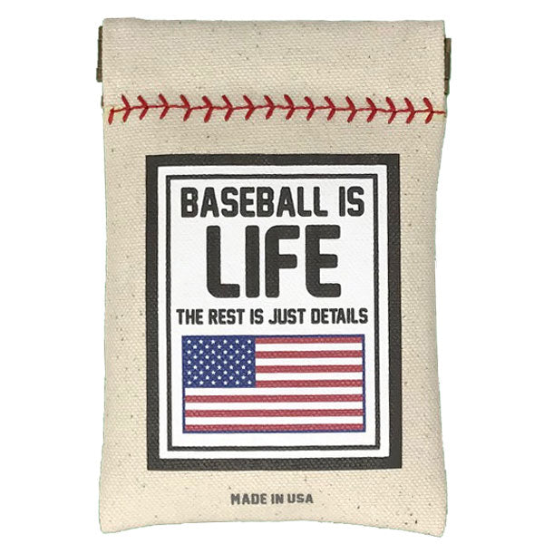 Canvas pouch with baseball design and 'Baseball is Life' text on a white background