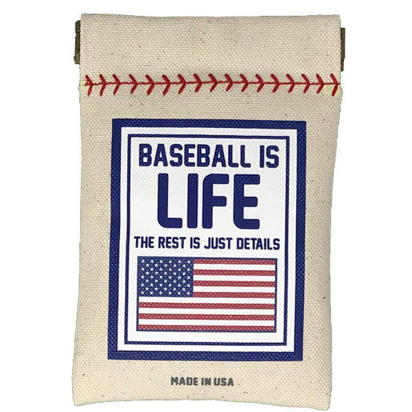 Canvas pouch with 'Baseball is Life' text and American flag on a white background