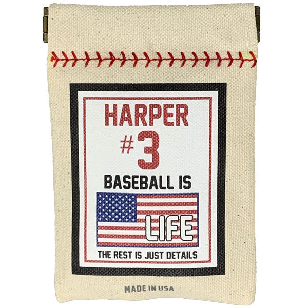 Canvas pouch with baseball-themed design and text on a white background
