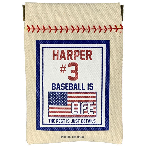 Canvas pouch with baseball-themed design and text on a white background