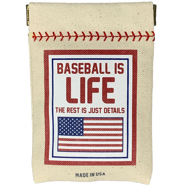 Collection of Canvas pouch with 'Baseball is Life' text and American flag design on a white background in a gallery layout