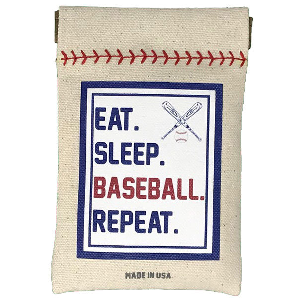 Canvas pouch with baseball design and text 'Eat. Sleep. Baseball. Repeat.' on a white background