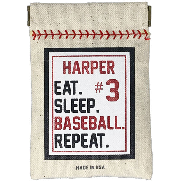 Canvas pouch with 'Harper Eat. Sleep. Baseball. Repeat.' text and '#3' printed on it.