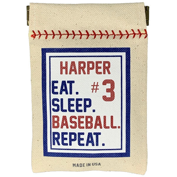 Canvas pouch with baseball-themed text and design on a white background