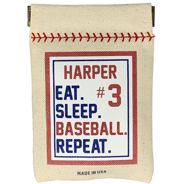 Canvas pouch with baseball stitching design and text 'Harper Eat. #3 Sleep. Baseball. Repeat.'