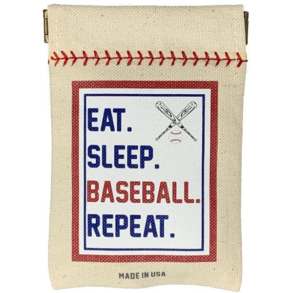 Canvas pouch with baseball-themed text 'Eat. Sleep. Baseball. Repeat.' on a white background