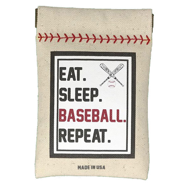 Canvas pouch with baseball-themed text 'Eat. Sleep. Baseball. Repeat.' on a white background