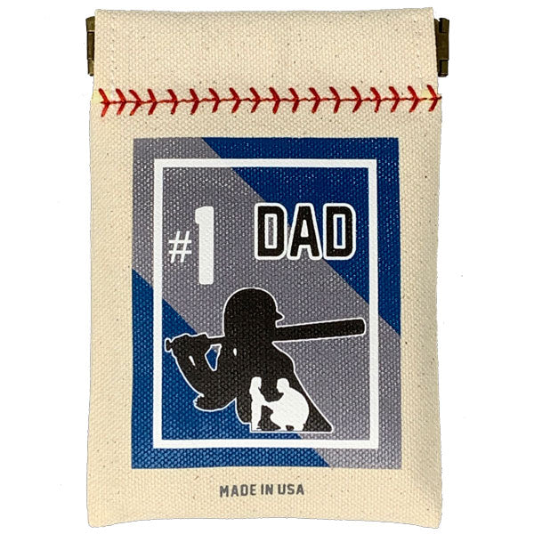 Canvas pouch with '#1 Dad' design featuring a silhouette of a father and child, made in the USA.