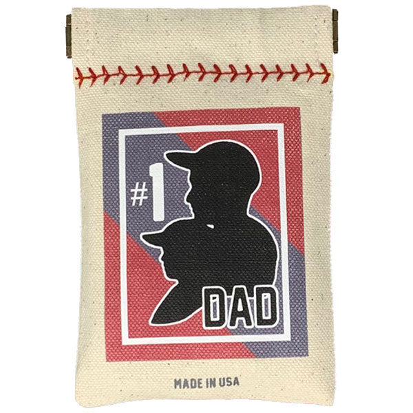 Canvas pouch with a graphic of a silhouette of a person wearing a cap and the text '#1 DAD' on a red and blue background.