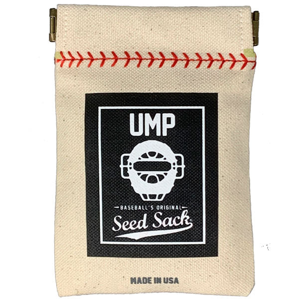 Canvas seed sack with red stitching and UMP branding on a white background