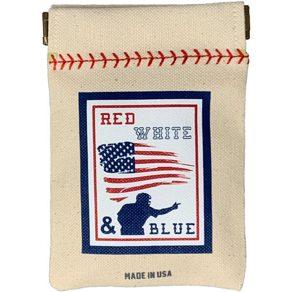 Canvas pouch with American flag design and text on a white background