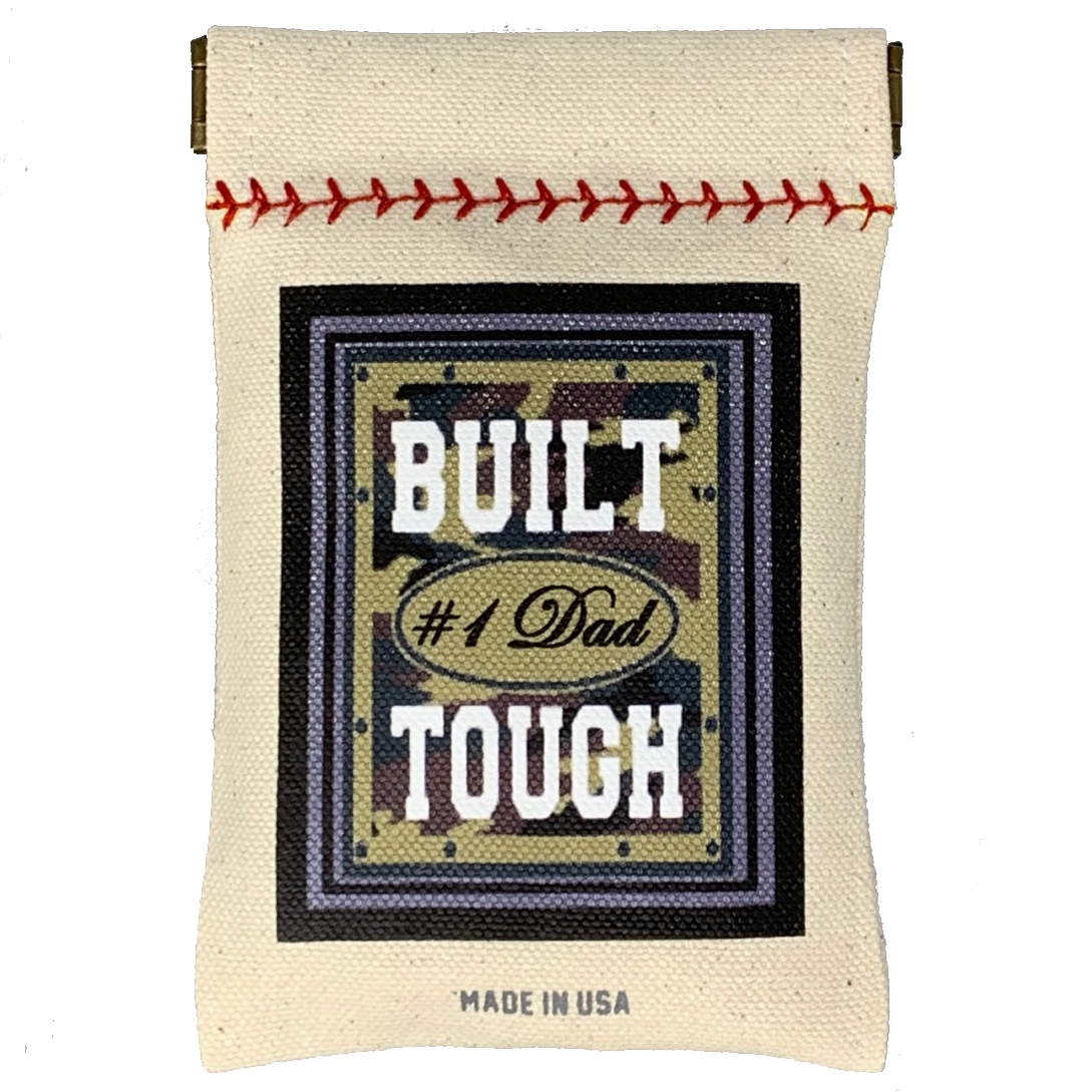 Canvas pouch with 'Built #1 Dad Tough' text and baseball stitching on a white background