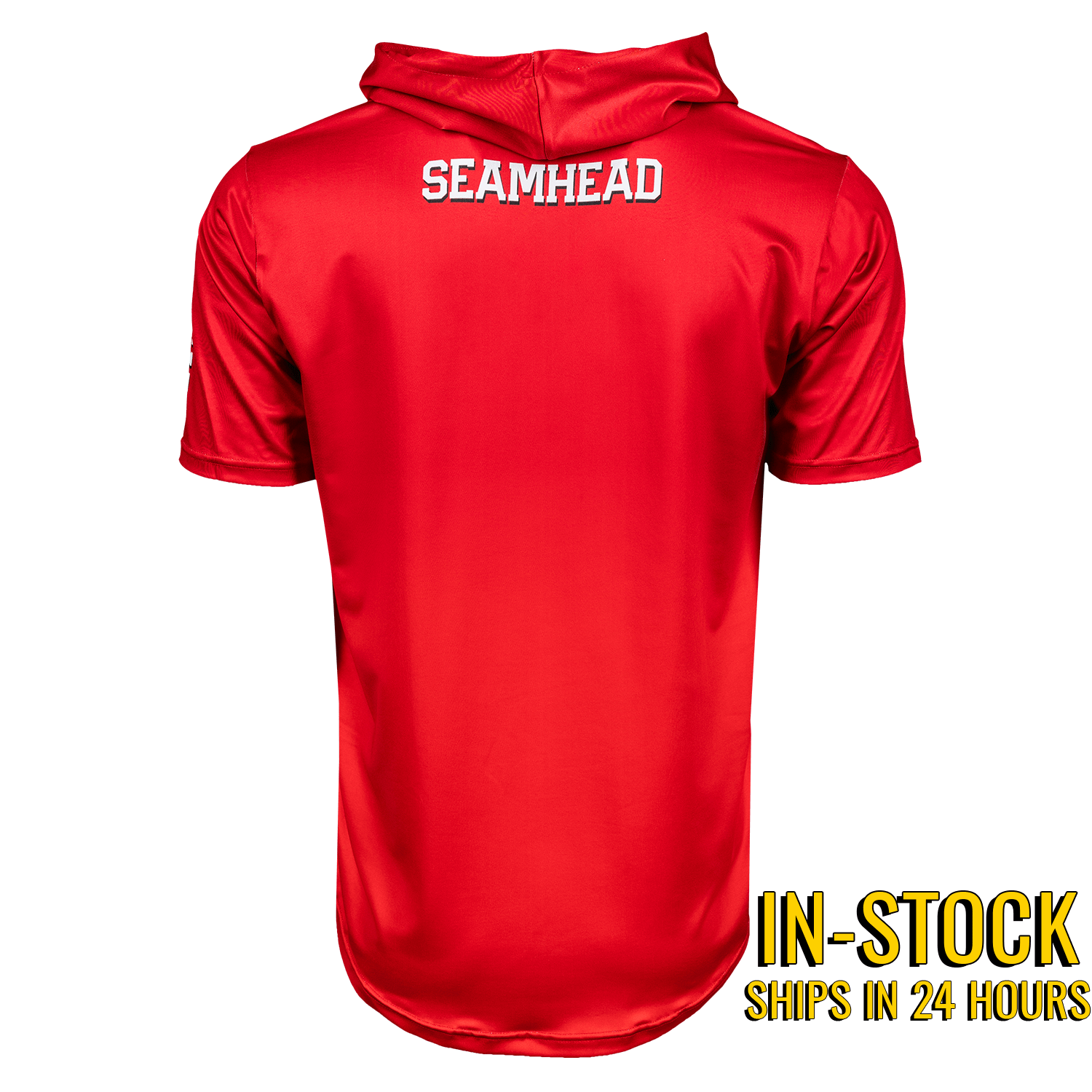 Red hoodie with 'SEAMHEAD' branding on the back, on a white background.