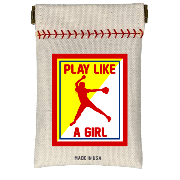 Canvas pouch with graphic of a female softball player and text 'Play Like a Girl' on a white background