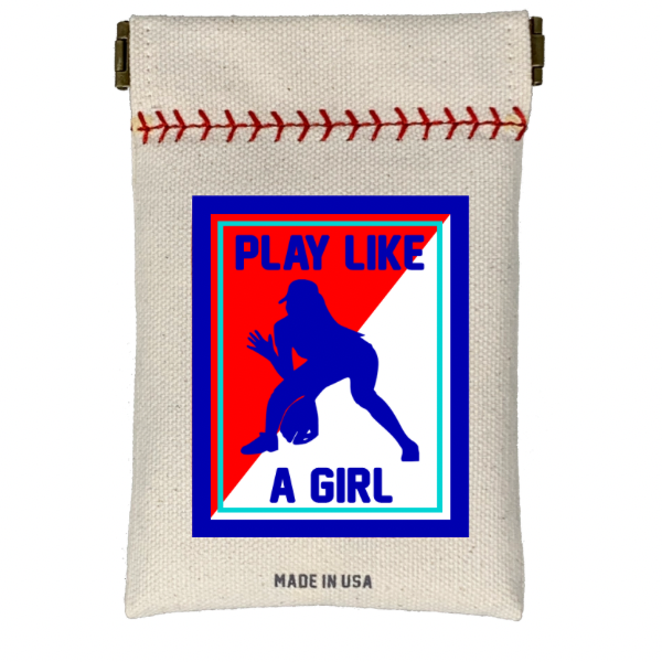 Canvas pouch with 'Play Like a Girl' graphic and softball stitching detail on a white background