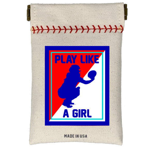 Canvas pouch with graphic design of a girl playing softball and text 'Play Like a Girl' on a white background.