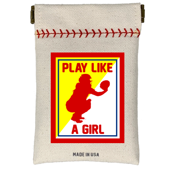 Canvas pouch with graphic design of a girl playing softball and text 'Play Like a Girl' on a white background.