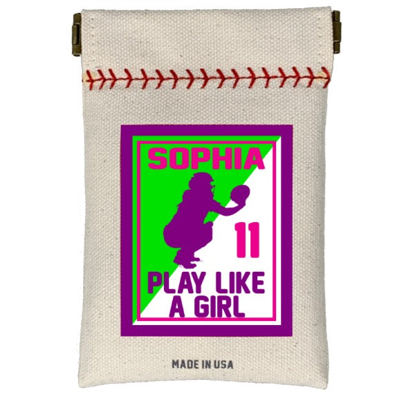 Canvas pouch with graphic design of a girl playing sports, text 'SOPHIA 11 PLAY LIKE A GIRL' on a white background.