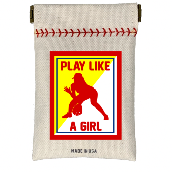 Collection of Canvas pouch with graphic design of a female softball player and text 'Play Like A Girl' on a white background. in a gallery layout