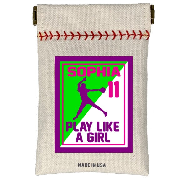 Canvas pouch with graphic design of a girl playing sports and text 'SOPHIA 11 PLAY LIKE A GIRL MADE IN USA'.
