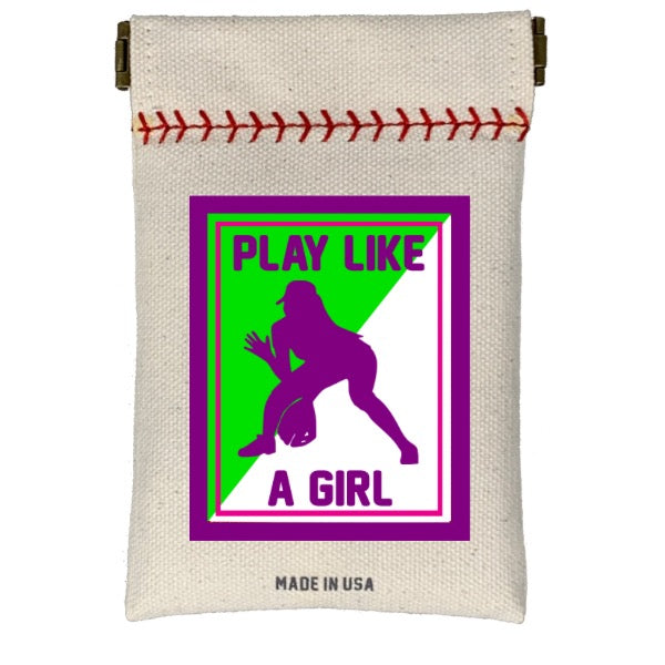 Canvas pouch with graphic design of a silhouette playing softball and text 'Play Like A Girl' on a white background.