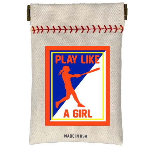 Canvas pouch with 'Play Like a Girl' graphic and text on a white background