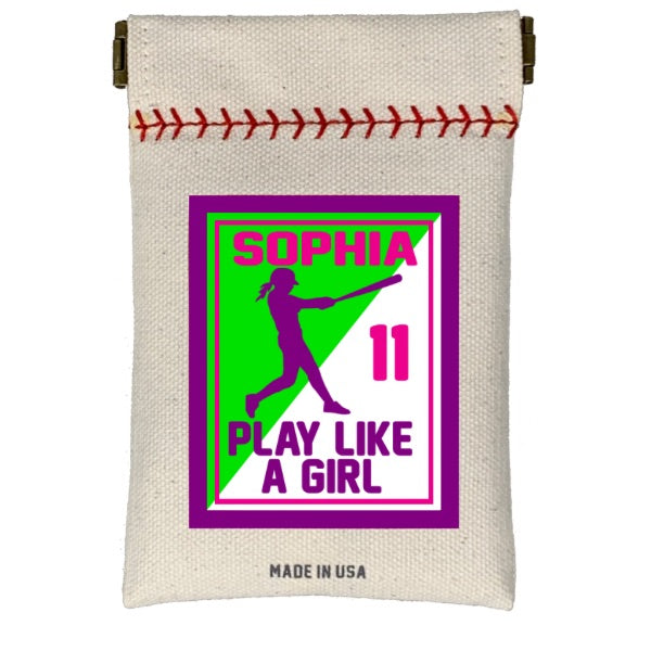 Collection of Canvas pouch with a graphic of a girl playing softball, the name 'Sophia', number '11', and text 'Play Like a Girl' on a white background. in a gallery layout