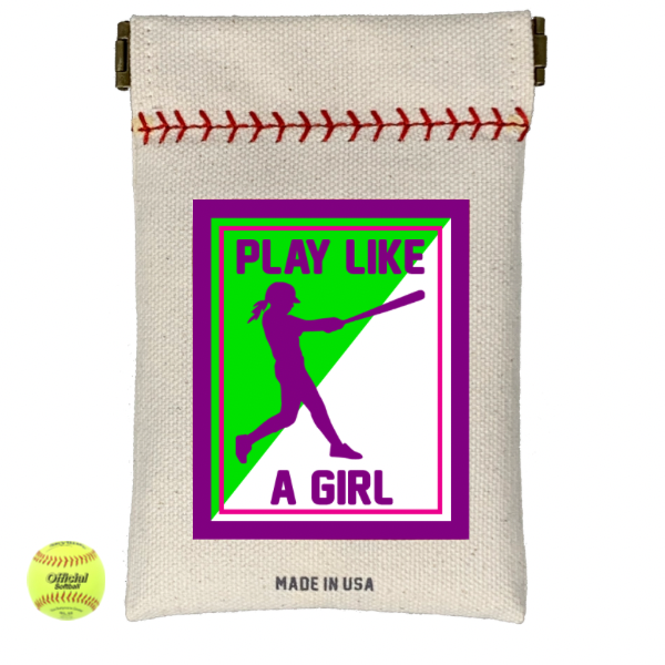 Collection of Canvas pouch with 'Play Like a Girl' design featuring a silhouette of a female softball player, with a softball on a white background. in a gallery layout