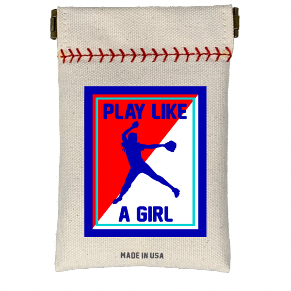 Canvas pouch with 'Play Like a Girl' graphic and softball stitching design on a white background