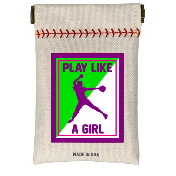 Canvas pouch with graphic design of a female softball player and text 'Play Like A Girl' on a white background.