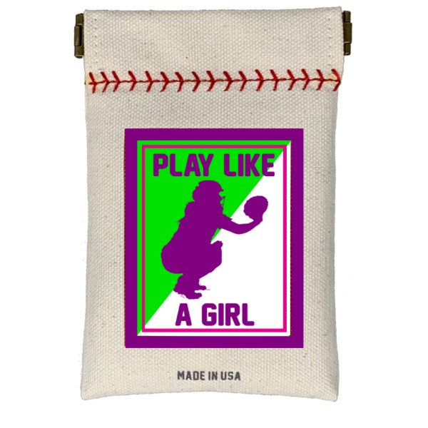 Collection of Canvas pouch with graphic design of a silhouette playing baseball and text 'Play Like A Girl' on a white background. in a gallery layout